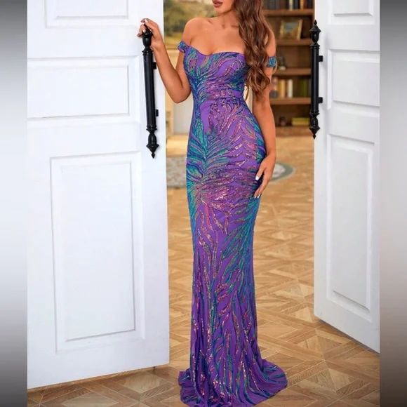 Luxe off shoulder mermaid hem party formal sequins dress